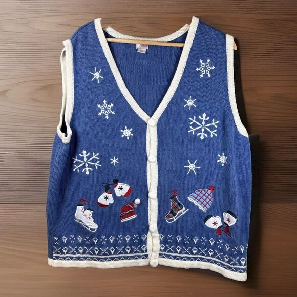 Blue‎ Winter Novelty Vest XL Ice Skates Snowflakes Embroidered Patches Festive - Picture 1 of 10